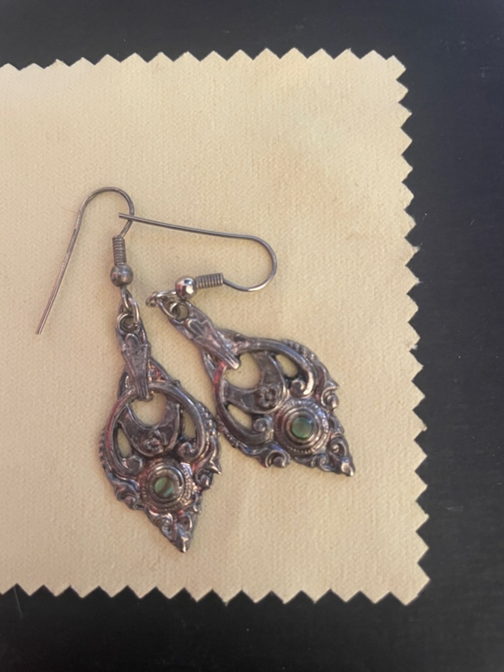 Antique-Style Silver Drop Earrings with Green Accent